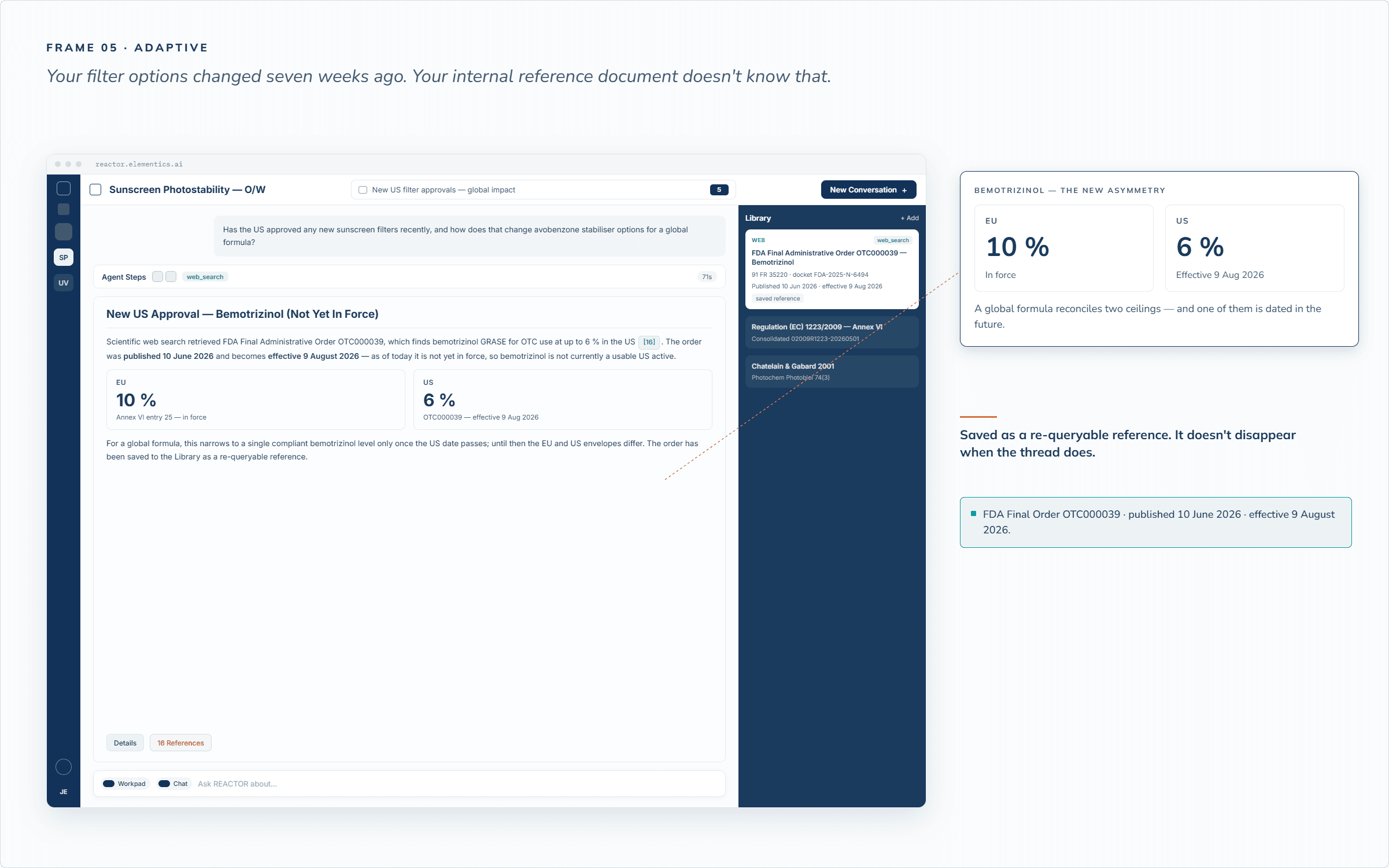 REACTOR retrieving a new FDA administrative order via web search and saving it to the project Library as a dated, re-queryable reference