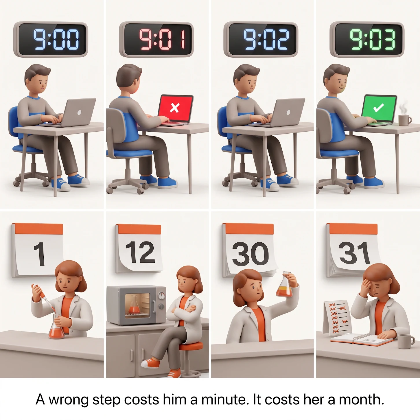Two rows of illustrations: a software developer fixes a failed run between 9:00 and 9:03, while a lab scientist waits from day 1 to day 31 for an oven test that fails. Caption: A wrong step costs him a minute. It costs her a month.